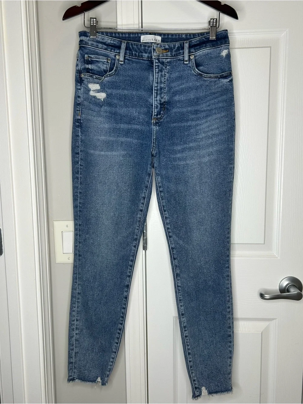 LOFT High Rise Skinny Jeans 29/8 Distressed Raw Hem Blue